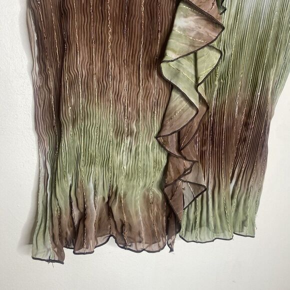 Serenade Y2k Style Green & Brown Crinkle Sheer Ruffle Blouse Top Large - Picture 4 of 11